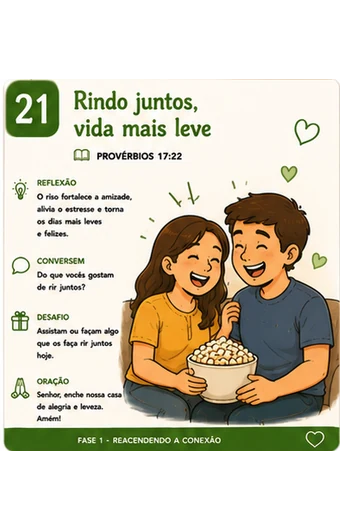 Card 021 — Rindo juntos, vida mais leve: versículo, reflexão, pergunta, desafio e oração.